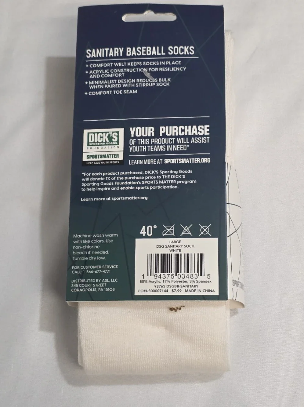 DSG Sanitary Baseball White Athletic Socks  2 Pk Comfort Toe And Welt Seam Large